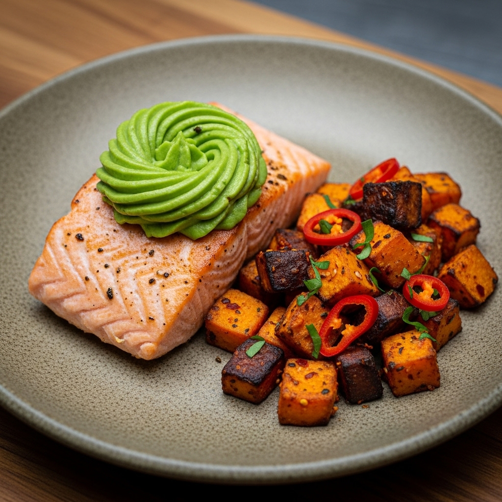 “Mouthwatering Chilean Lunch: Creamy Avocado Salmon with Spicy Roasted Sweet Potatoes”