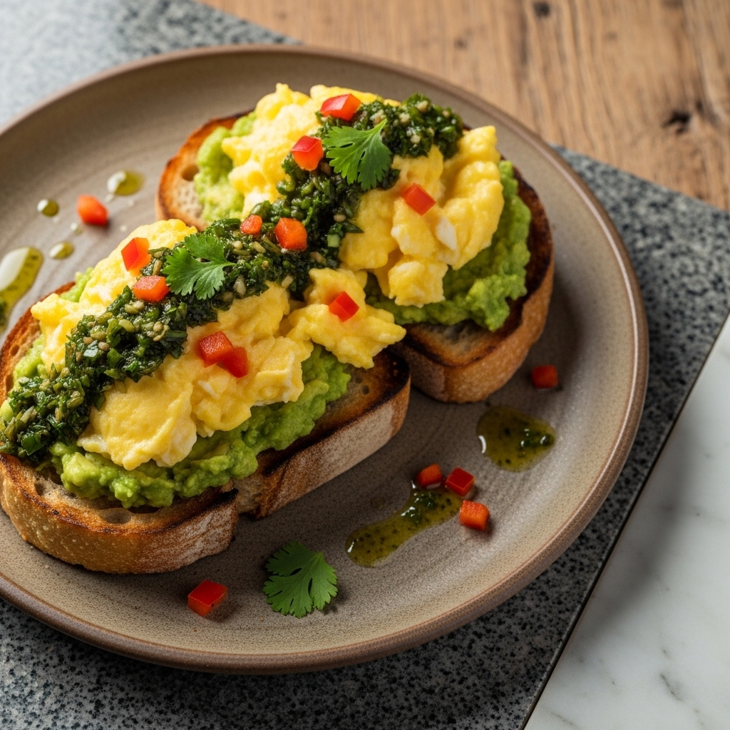 Mouthwatering Colombian Brunch: Avocado Smash Toast with Scrambled Eggs & Chimichurri