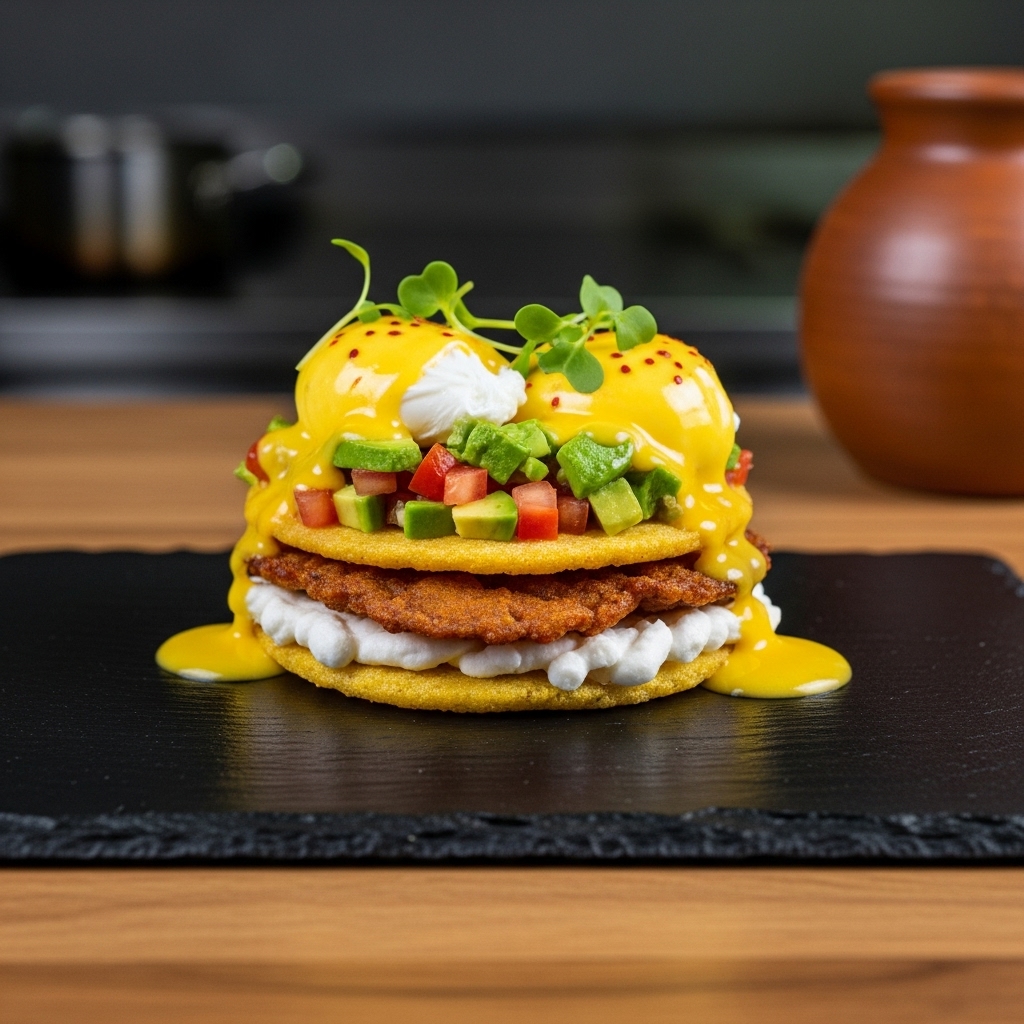 Mouthwatering Colombian Gluten-Free Brunch Delight: Aromatic Arepa Stack with Avocado Salsa and Eggs Benedict