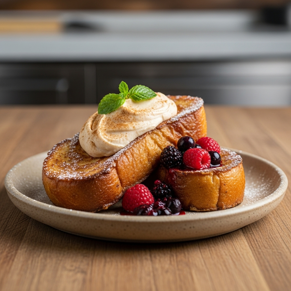 Mouthwatering Gluten-Free American Brunch: Brioche French Toast with Whipped Cinnamon Mascarpone & Berry Compote
