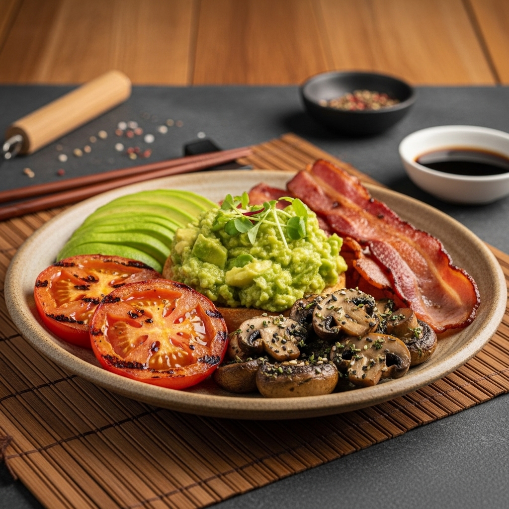 Mouthwatering Gluten-Free Australian Breakfast Platter with Avocado Smash, Grilled Tomatoes, Crispy Bacon, and Herbed Mushrooms