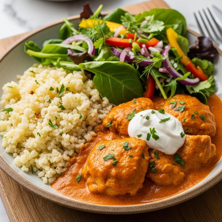Mouthwatering Gluten-Free Hungarian Dinner: Chicken Paprikas and Cauliflower Rice with a Zesty Herb Salad