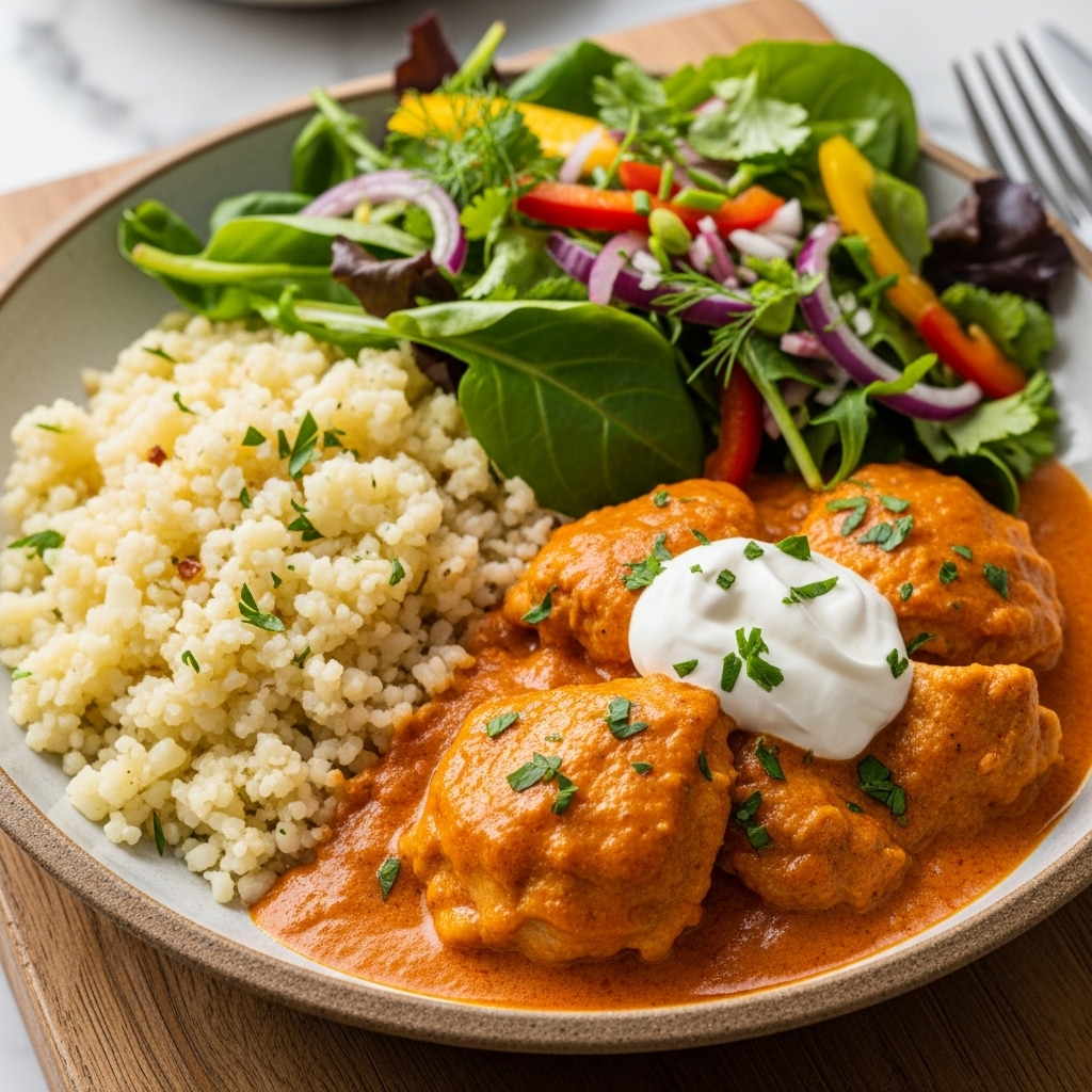 Mouthwatering Gluten-Free Hungarian Dinner: Chicken Paprikas and Cauliflower Rice with a Zesty Herb Salad