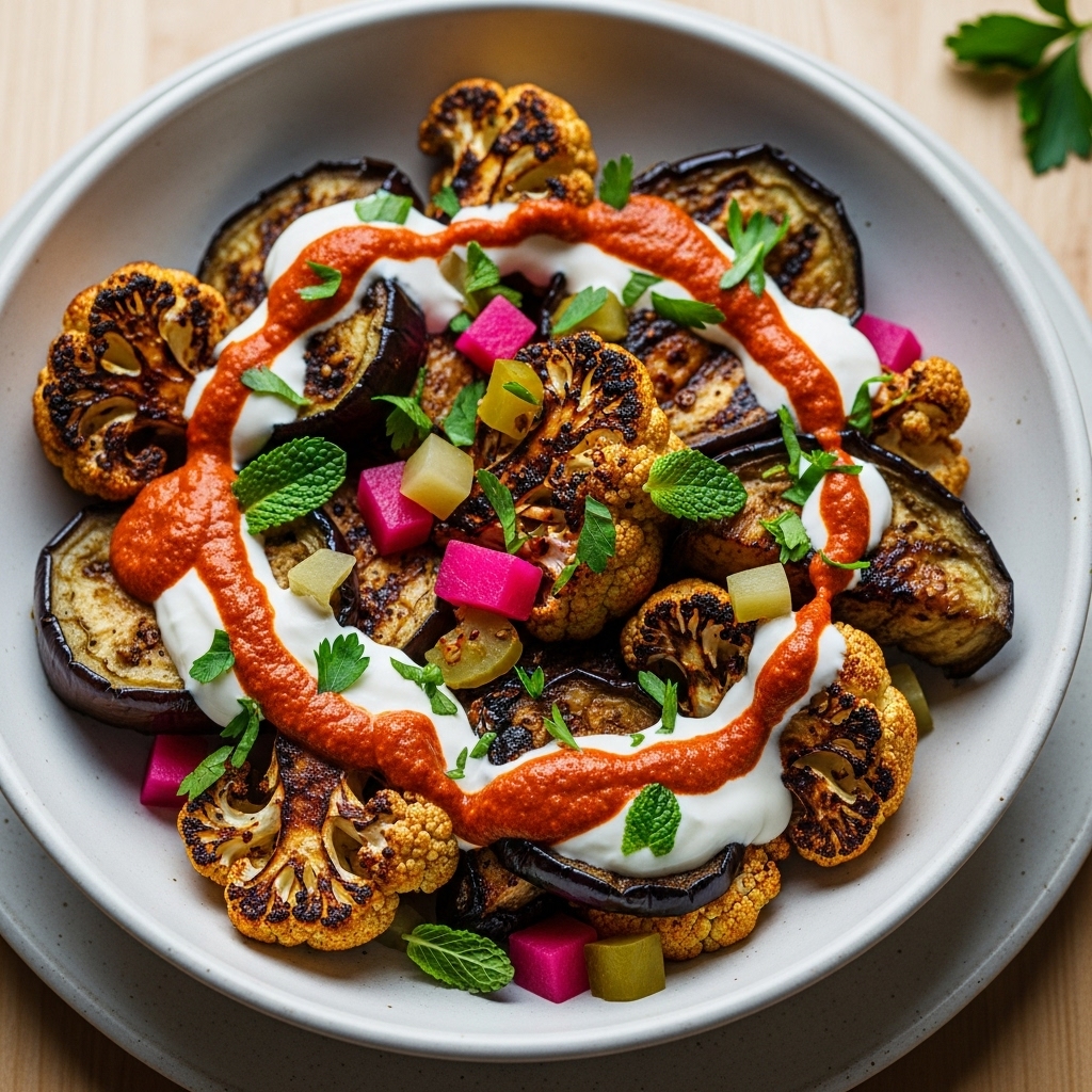 Mouthwatering Gluten-Free Israeli Lunch: Grilled Eggplant & Cauliflower Shawarma Bowl with Harissa Yogurt Sauce