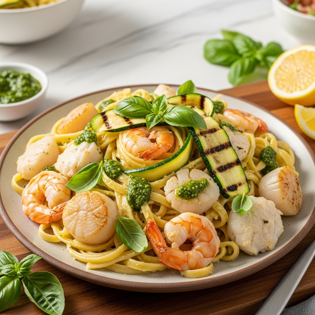 Mouthwatering Gluten-Free Italian Seafood Fettuccine Alfredo with Basil Pesto and Grilled Zucchini