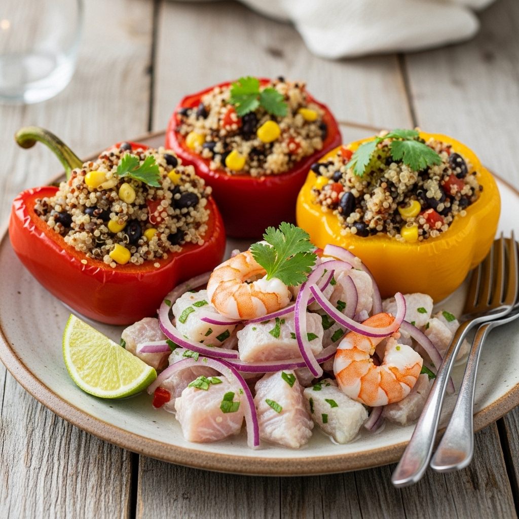 “Mouthwatering Gluten-Free Peruvian Dinner for Two: Ceviche & Quinoa Stuffed Peppers”