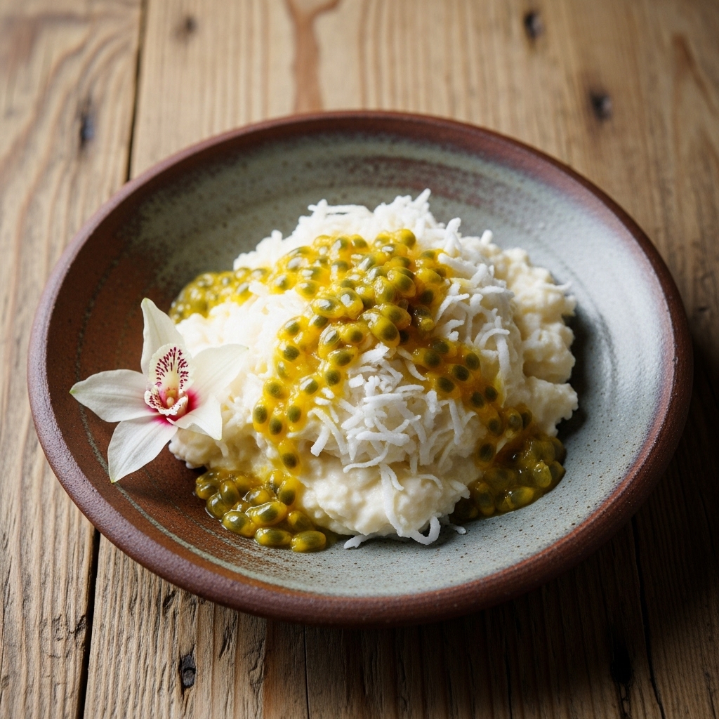 “Mouthwatering Gluten-Free Polynesian Snack: Tropical Coconut Pudding with Passion Fruit”