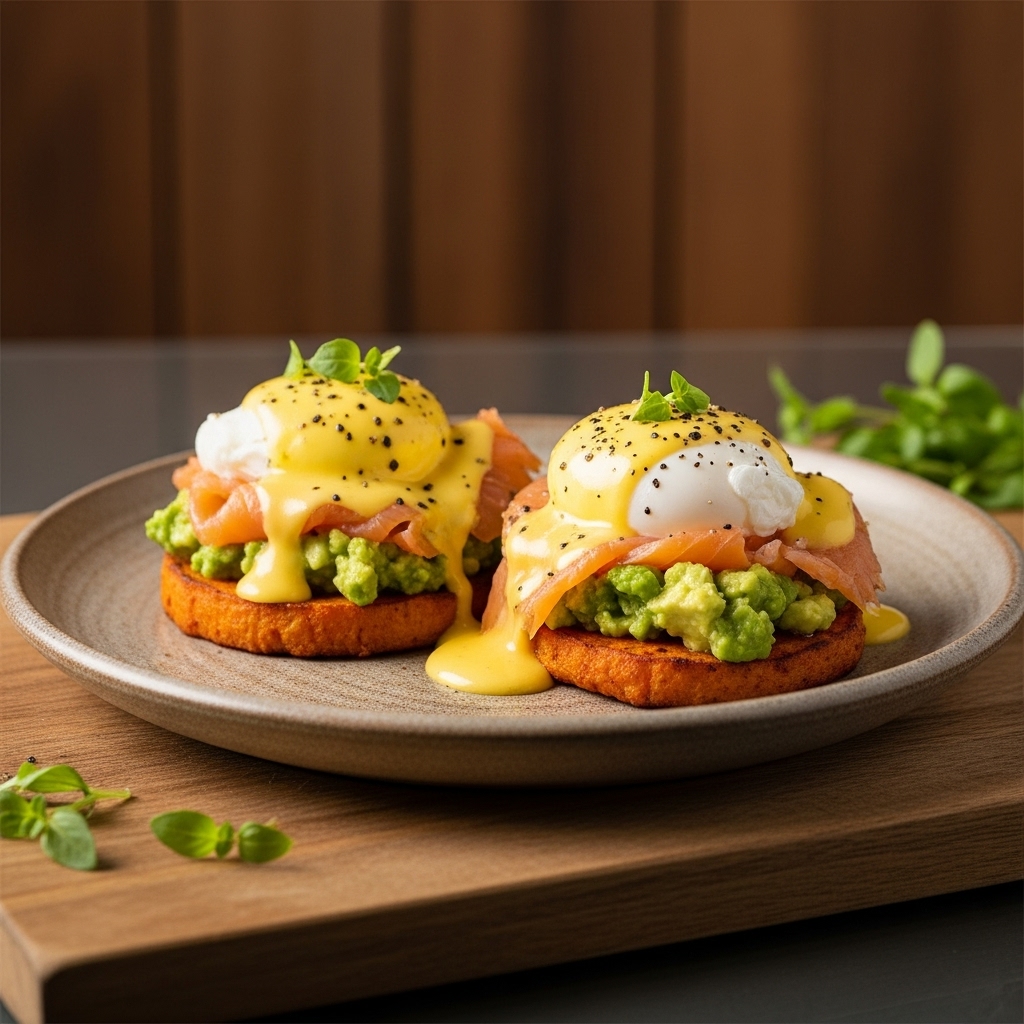 Mouthwatering Gluten-Free South African Brunch: Smoked Salmon and Avocado Eggs Benedict with Paprika Roasted Sweet Potato Rounds