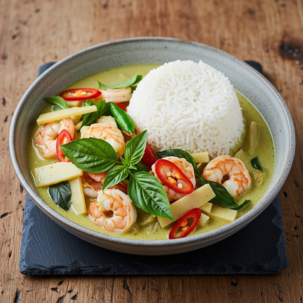 “Mouthwatering Gluten-Free Thai Shrimp Green Curry with Jasmine Rice”