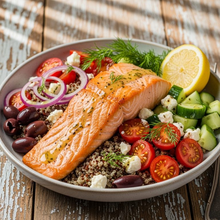 Mouthwatering Greek Gluten-Free Mediterranean Salmon Bowl with Quinoa and Lemon Herb Vinaigrette