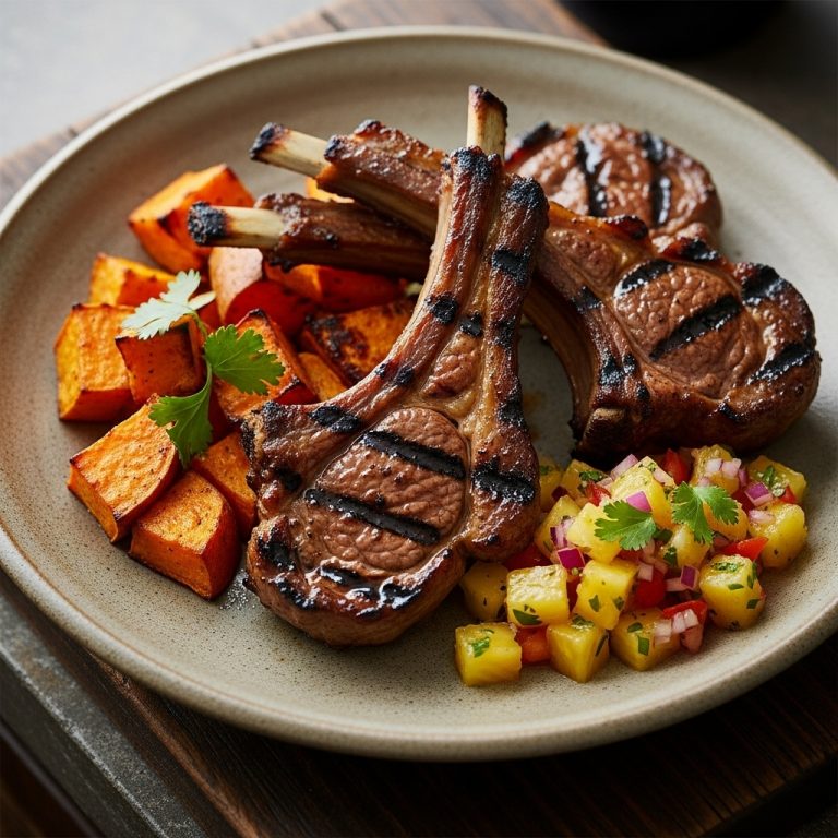 Mouthwatering Grilled Marinated Lamb Ribs with Roasted Sweet Potato & Caramelized Pineapple Salsa