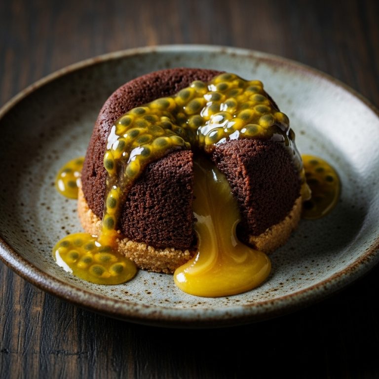 “Mouthwatering Hawaiian Vegan Lava Cake with Macadamia Nut Crust & Passion Fruit Glaze”