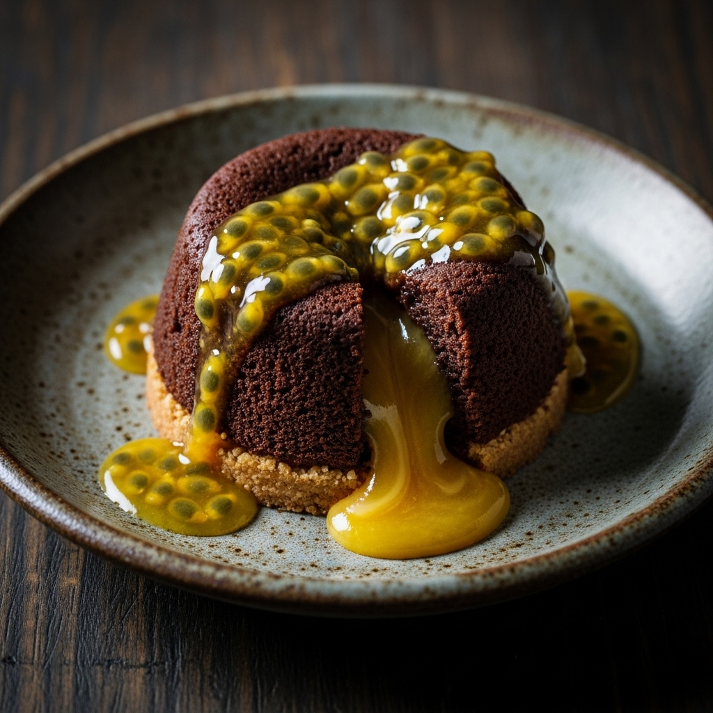 “Mouthwatering Hawaiian Vegan Lava Cake with Macadamia Nut Crust & Passion Fruit Glaze”