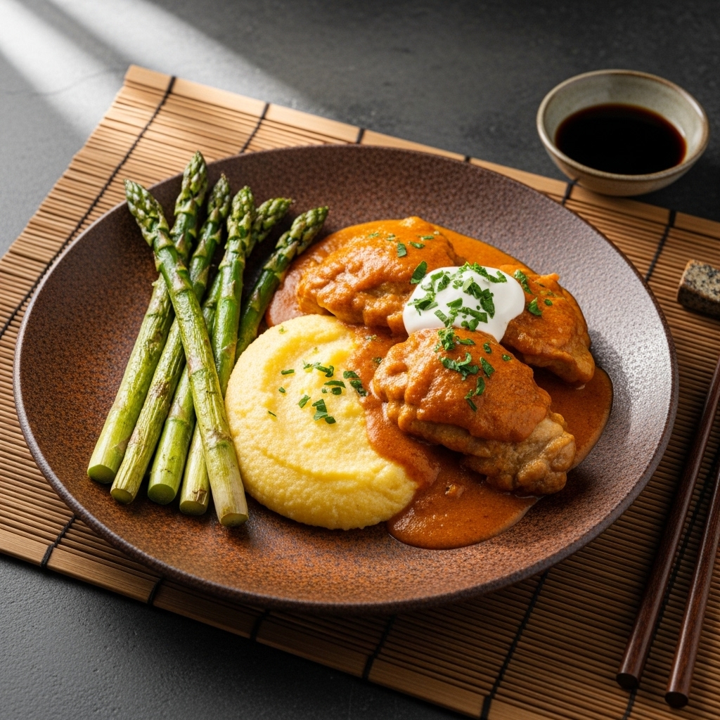 “Mouthwatering Hungarian Gluten-Free Dinner: Chicken Paprikash, Creamy Polenta, and Roasted Asparagus