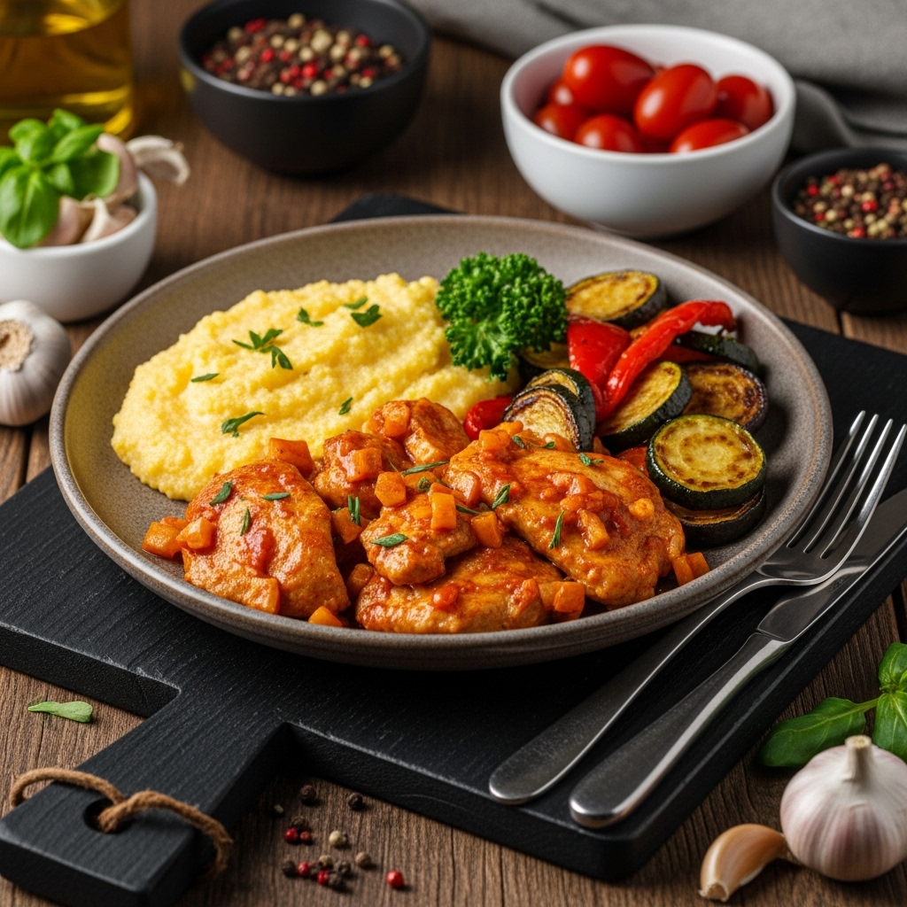 “Mouthwatering Hungarian Gluten-Free Dinner Feast: Paprika Chicken, Creamy Polenta & Roasted Vegetables (Paleo, Keto)”