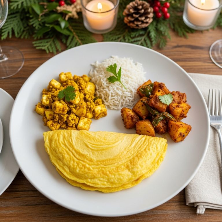 Mouthwatering Indian Breakfast Platter: Masala Omelette, Paneer Bhurji, and Spiced Potatoes