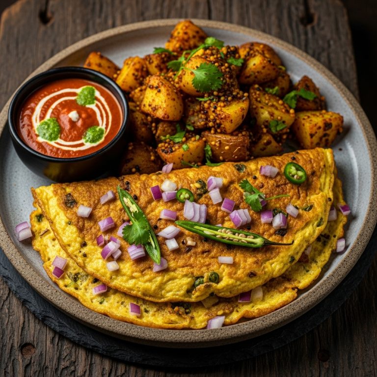 Mouthwatering Indian Breakfast Platter: Masala Omelette, Spiced Potatoes, and Creamy Tomato Pudina Sauce