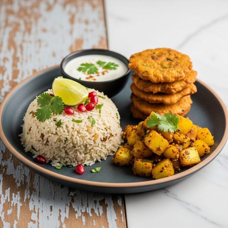 Mouthwatering Indian Vegetarian Breakfast Platter: Aromatic Poha, Crispy Pakoras, and Spiced Potatoes