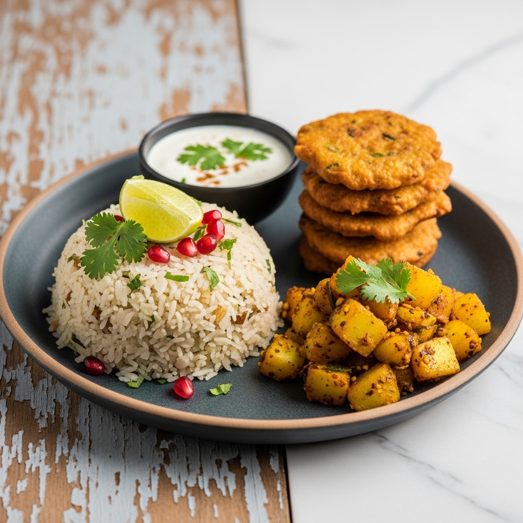 Mouthwatering Indian Vegetarian Breakfast Platter: Aromatic Poha, Crispy Pakoras, and Spiced Potatoes