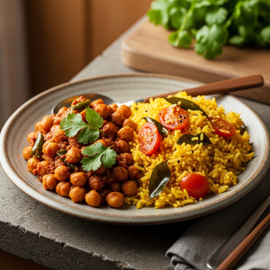 Mouthwatering Indian Vegetarian Lunch Box: Spicy Chickpea Curry & Tangy Tomato Rice