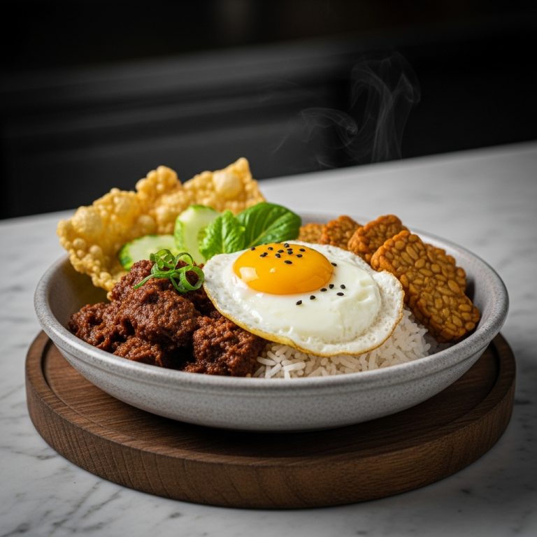 Mouthwatering Indonesian Breakfast Bowl: Spicy Beef Rendang with Steamed Rice, Fried Egg & Crispy Tempeh
