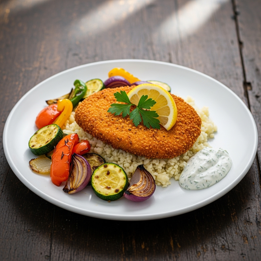 Mouthwatering Israeli Paleo Dinner: Chicken Schnitzel with Cauliflower Rice & Roasted Vegetables