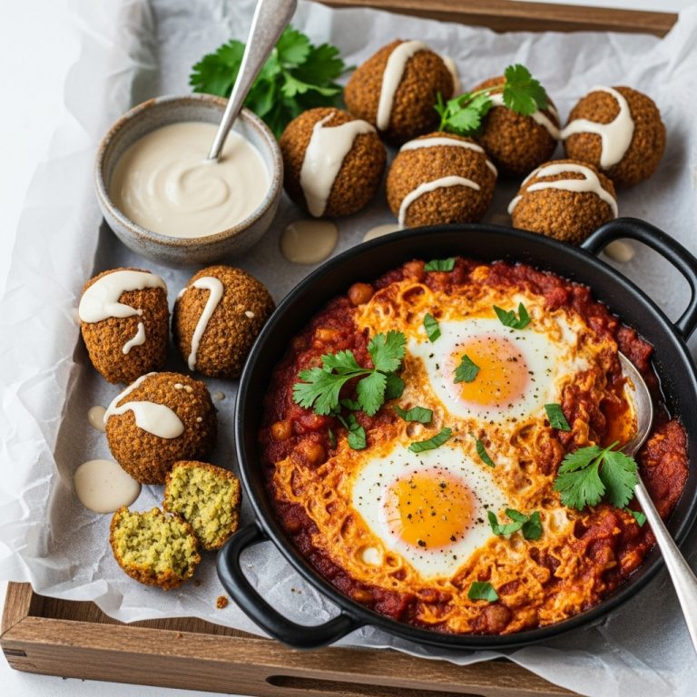 Mouthwatering Israeli Vegan Brunch Platter: Falafel, Shakshuka, and Tahini Sauce