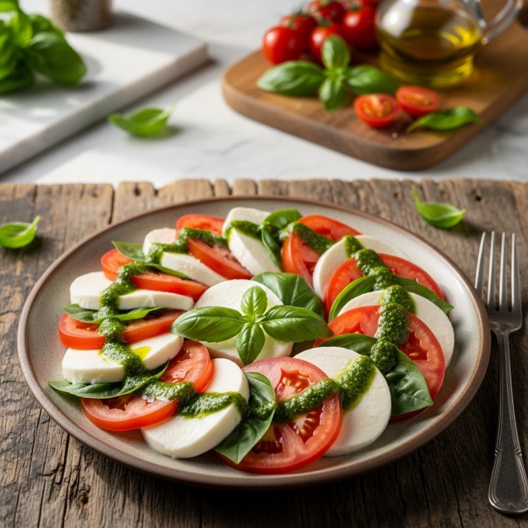 Mouthwatering Italian Caprese Salad with Basil Pesto Drizzle – A Sensory Feast for Your Tastebuds!