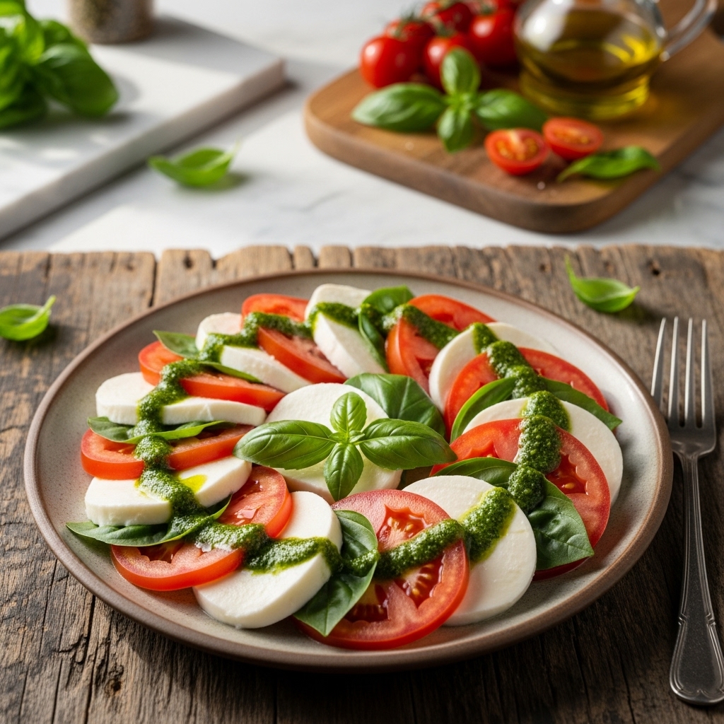 Mouthwatering Italian Caprese Salad with Basil Pesto Drizzle – A Sensory Feast for Your Tastebuds!