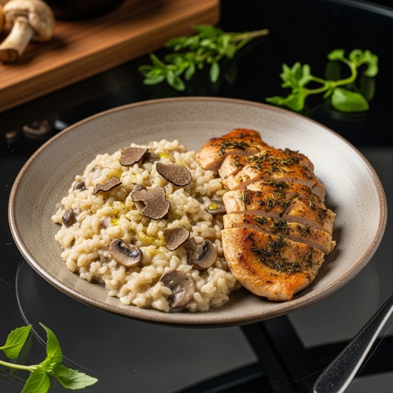 Mouthwatering Italian Lunch Feast: Creamy Risotto Ai Funghi With Truffle Oil and Seared Herbed Chicken