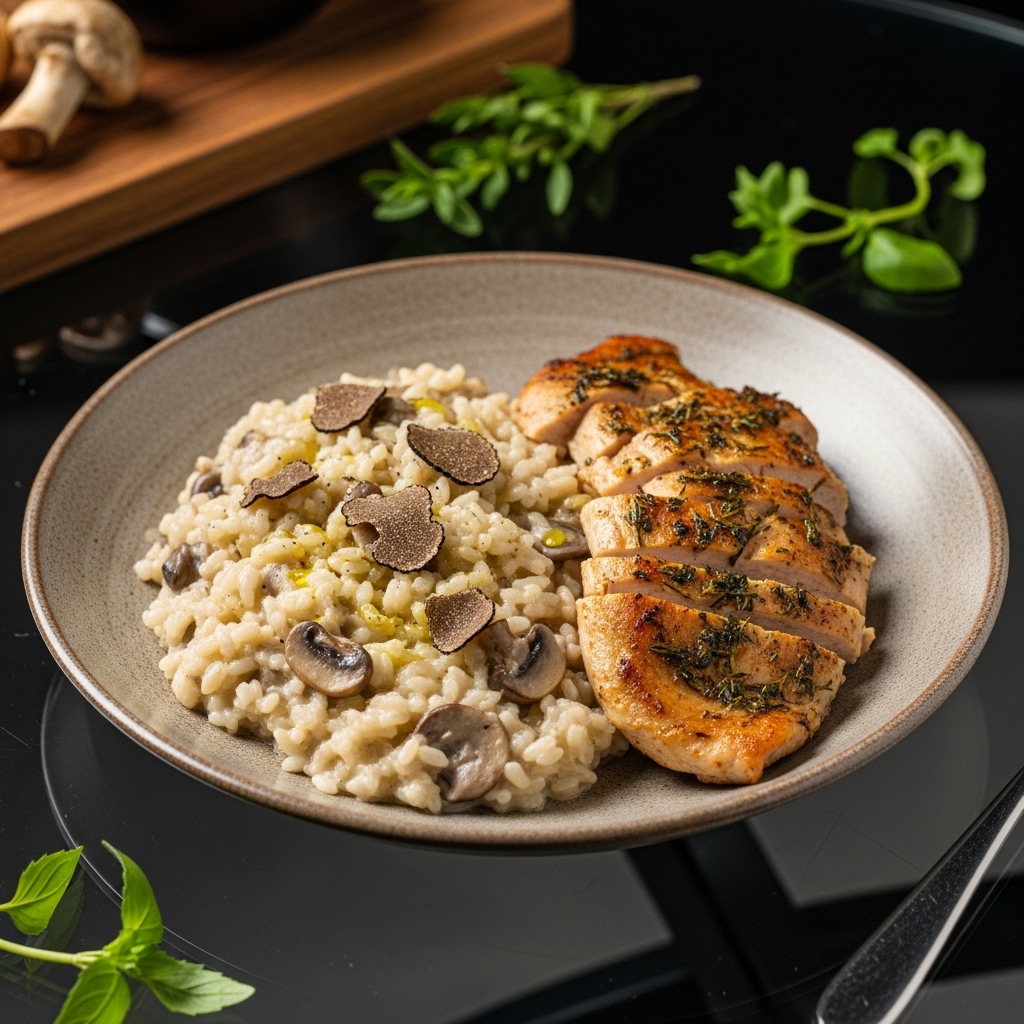 Mouthwatering Italian Lunch Feast: Creamy Risotto Ai Funghi With Truffle Oil and Seared Herbed Chicken