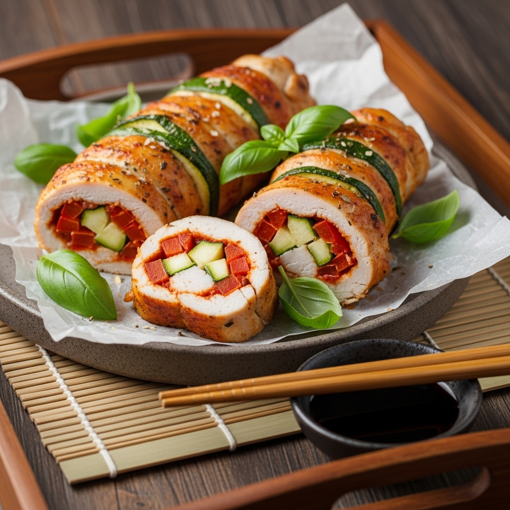 Mouthwatering Italian Snack: Paleo-Friendly Roasted Vegetable Stuffed Chicken Rollups with Fresh Basil