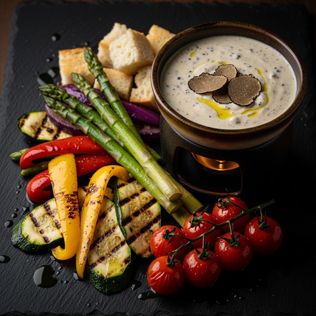 Mouthwatering Italian Truffle-Infused Fondue with Assorted Grilled Vegetables – A Gourmet Snack for Food Connoisseurs