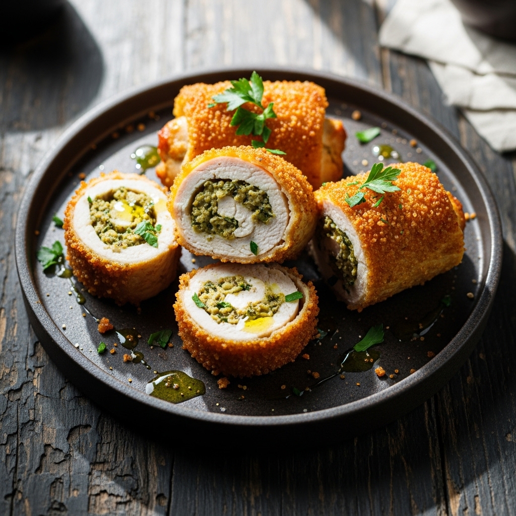 “Mouthwatering Keto-Friendly Garlic Herb Stuffed Chicken Rolls with Parmesan Crust”