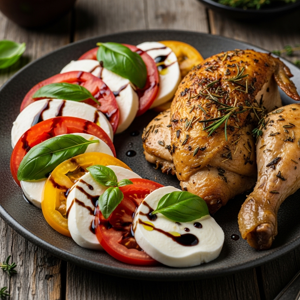 Mouthwatering Keto Italian Lunch: Caprese Salad & Garlic-Herb Roasted Chicken