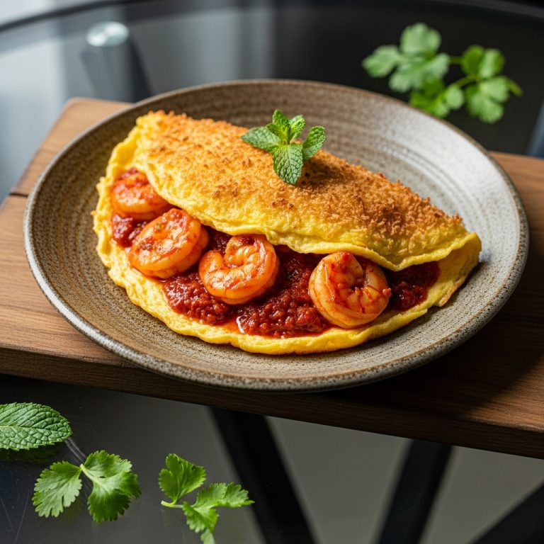 Mouthwatering Keto Malaysian Brunch: Coconut Crust Omelette with Spicy Sambal Shrimp