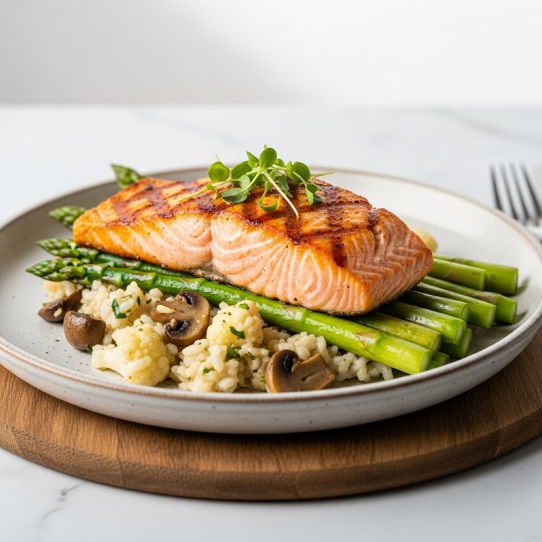 “Mouthwatering Keto New Zealand Lunch: Grilled Salmon with Mushroom Cauliflower Risotto and Asparagus”