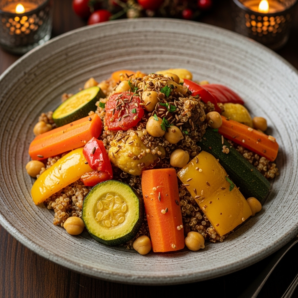 Mouthwatering Moroccan Vegetarian Tagine with Quinoa – Aromatic Spices and Earthy Flavors