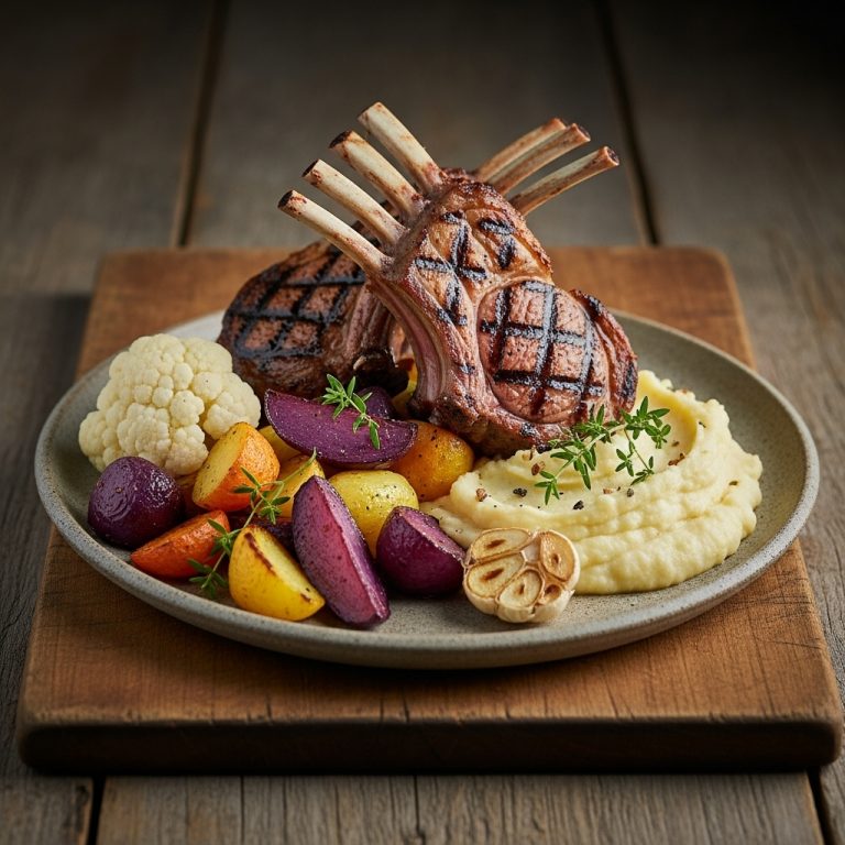 Mouthwatering New Zealand Paleo Dinner: Grilled Lamb Rack with Roasted Root Vegetables & Creamy Garlic Mashed Cauliflower