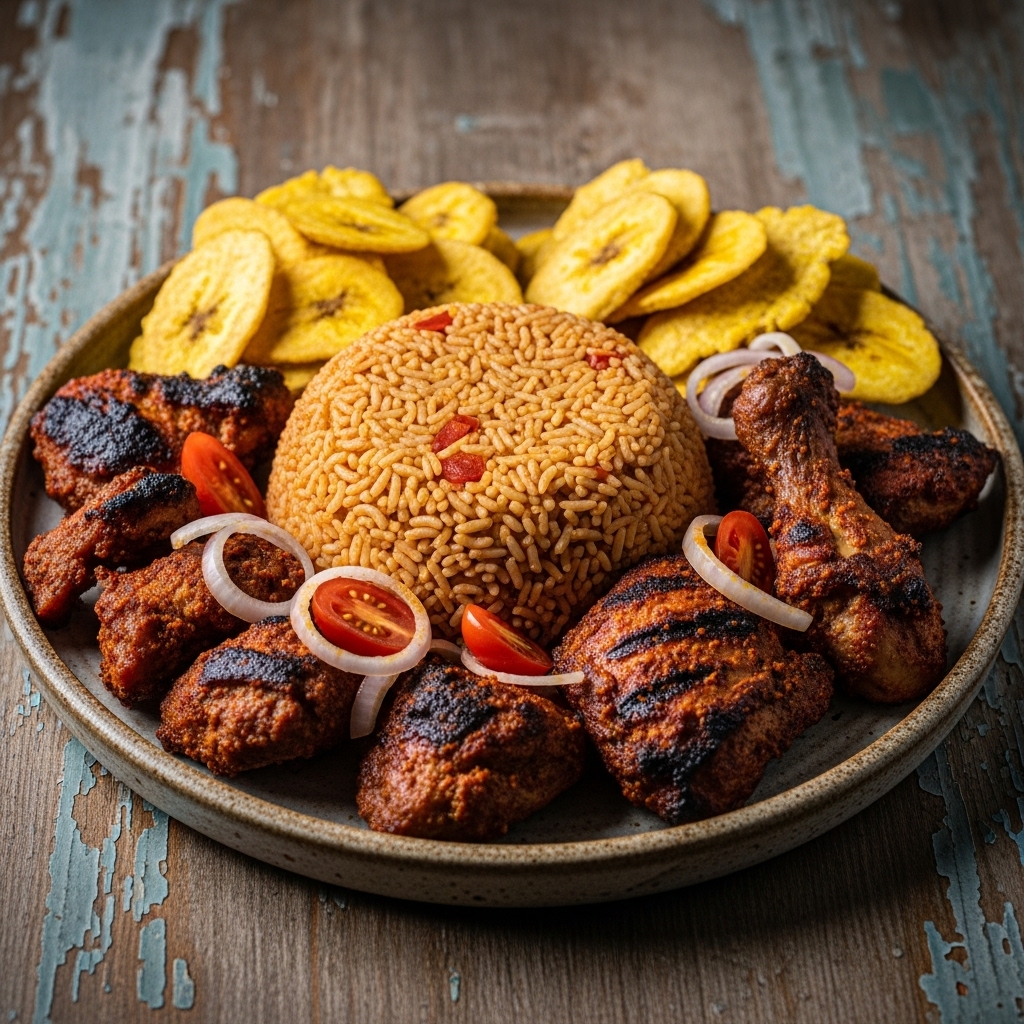 “Mouthwatering Nigerian Breakfast Feast: Spicy Jollof Rice, Suya Chicken, and Plantain Chips”
