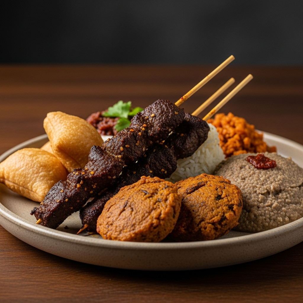 “Mouthwatering Nigerian Breakfast Feast: Suya Spiced Beef Skewers, Puff-Puff and Akara Fritters with a Side of Moi Moi