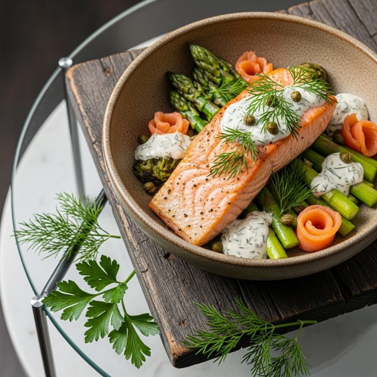 Mouthwatering Nordic Salmon Medley Bowl with Asparagus and Dill Sauce