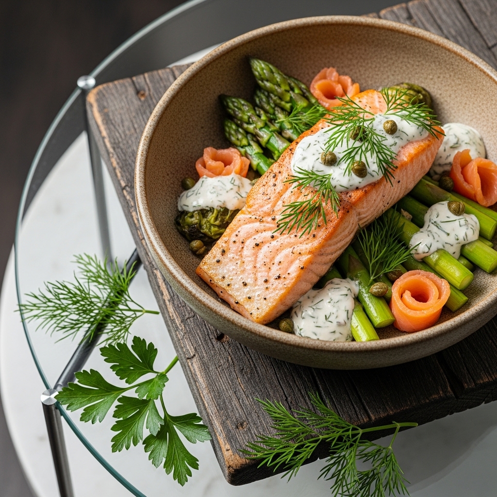 Mouthwatering Nordic Salmon Medley Bowl with Asparagus and Dill Sauce