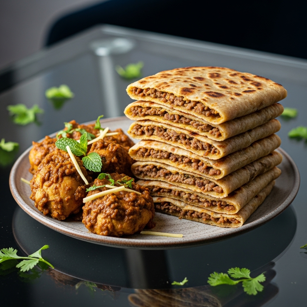 Mouthwatering Pakistani Brunch: Aromatic Keema Paratha Tower with Chicken Sukkha