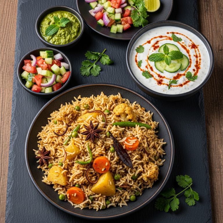 Mouthwatering Pakistani Vegetarian Lunch Feast: Aromatic Biryani & Tangy Raita