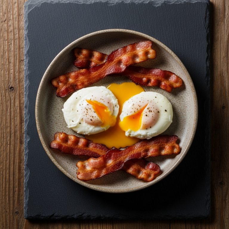 “Mouthwatering Paleo American Breakfast: Perfectly Poached Eggs & Crispy Bacon”