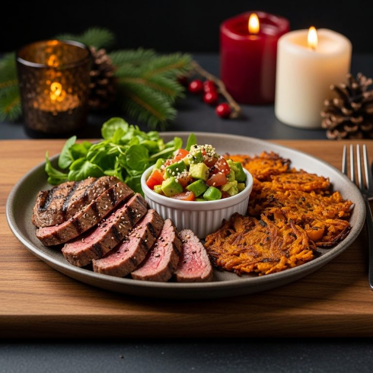 Mouthwatering Paleo Australian Brunch Platter: Grilled Kangaroo Steak, Avocado Salsa, and Crispy Sweet Potato Hash