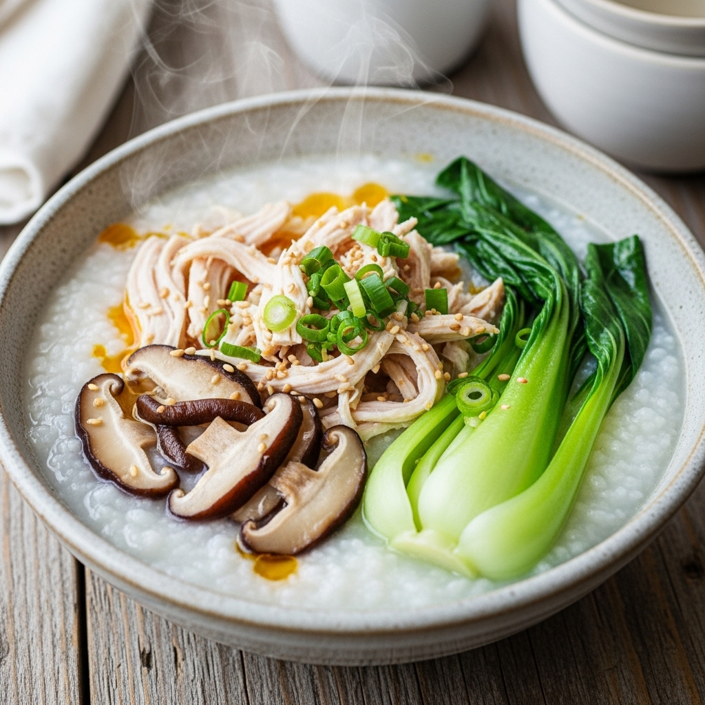 Mouthwatering Paleo Chinese Breakfast Congee with Chicken, Mushrooms & Bok Choy