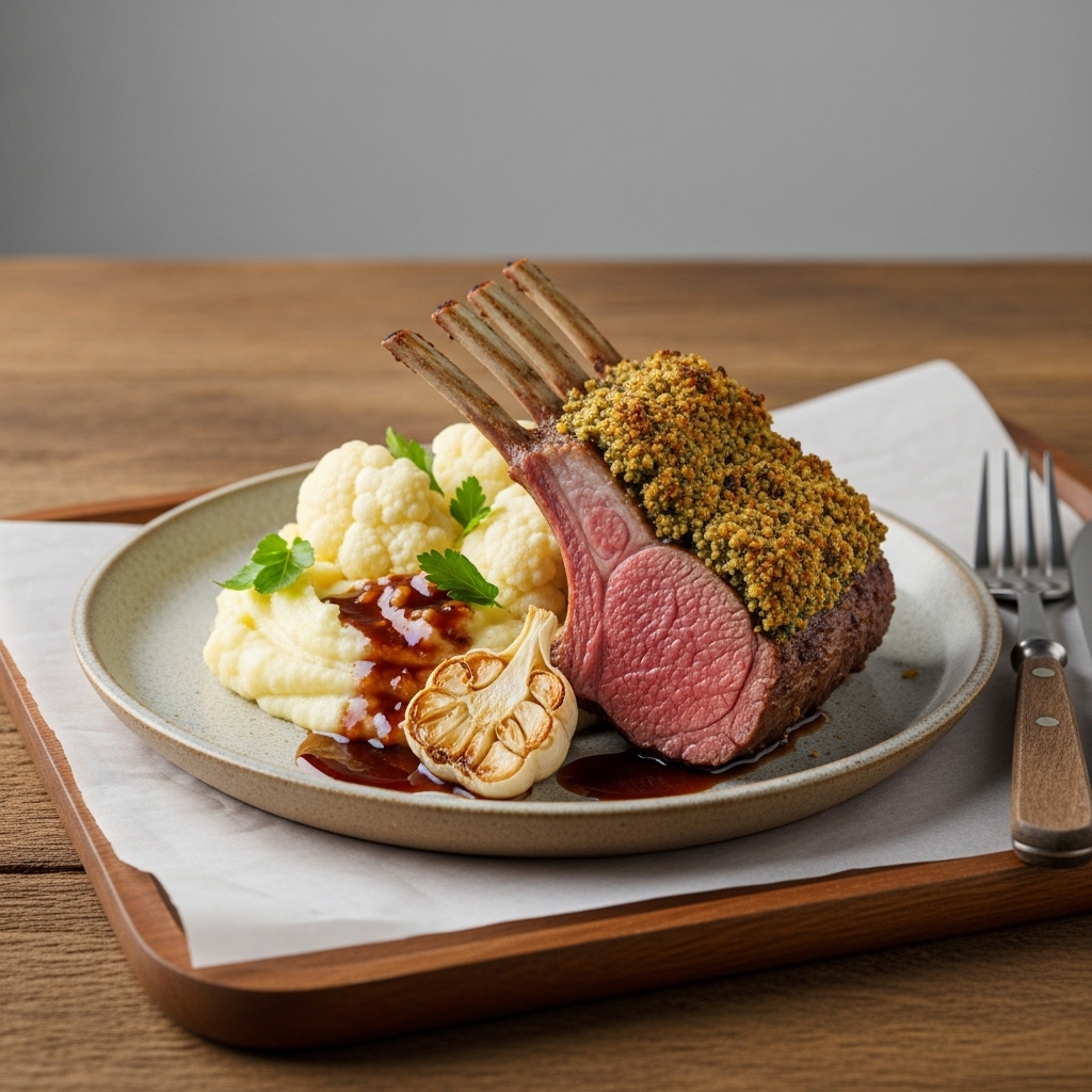 Mouthwatering Paleo French Dinner Feast: Herb-Crusted Rack of Lamb with Garlic Mashed Cauliflower & Wine Reduction Sauce