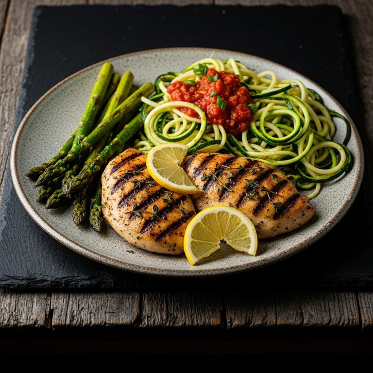 Mouthwatering Paleo Italian Dinner Feast: Grilled Lemon Herb Chicken, Zucchini Noodle Pasta, and Roasted Asparagus